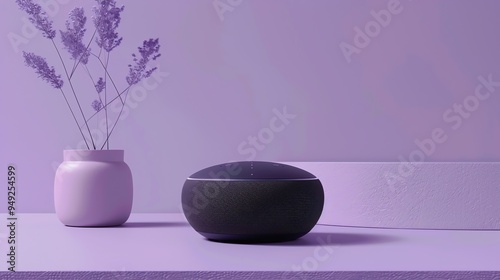 A smart speaker on a table with flowers in a vase.