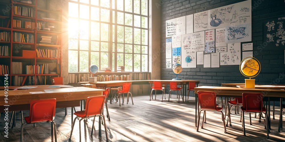 Empty classroom with red chairs and wooden tables. Sunlight coming ...