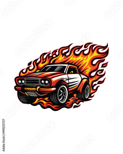 T-shirt design featuring a racecar engulfed in flames.