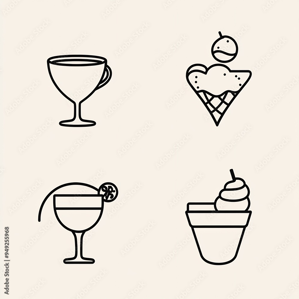 Minimalist Food Drink Icons set of icons depicting common food drink items coffee cup slice of pizza wine glass ice cream cone apple icons should use minimal shading and focus on outline simplicity Minimalist Food Drink Icons set of icons depicting common food drink items coffee cup slice of pizza wine glass ice cream cone apple icons should use minimal shading and focus on outline simplicity