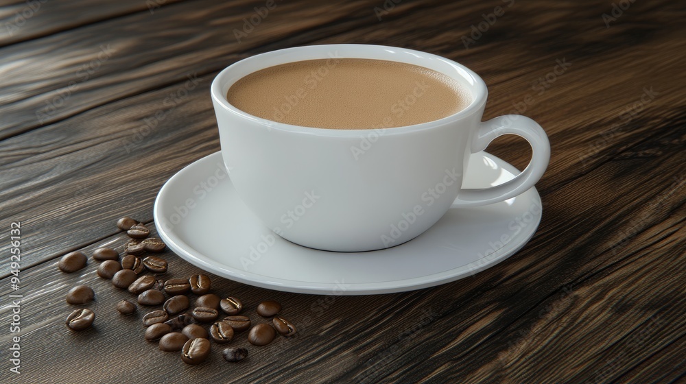 Obraz premium Freshly brewed organic coffee, frothy top, coffee beans scattered around, dark wooden table