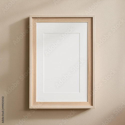 Simple wooden frame hangs on a beige wall background. The frame is empty, ready to be filled with a new artwork.