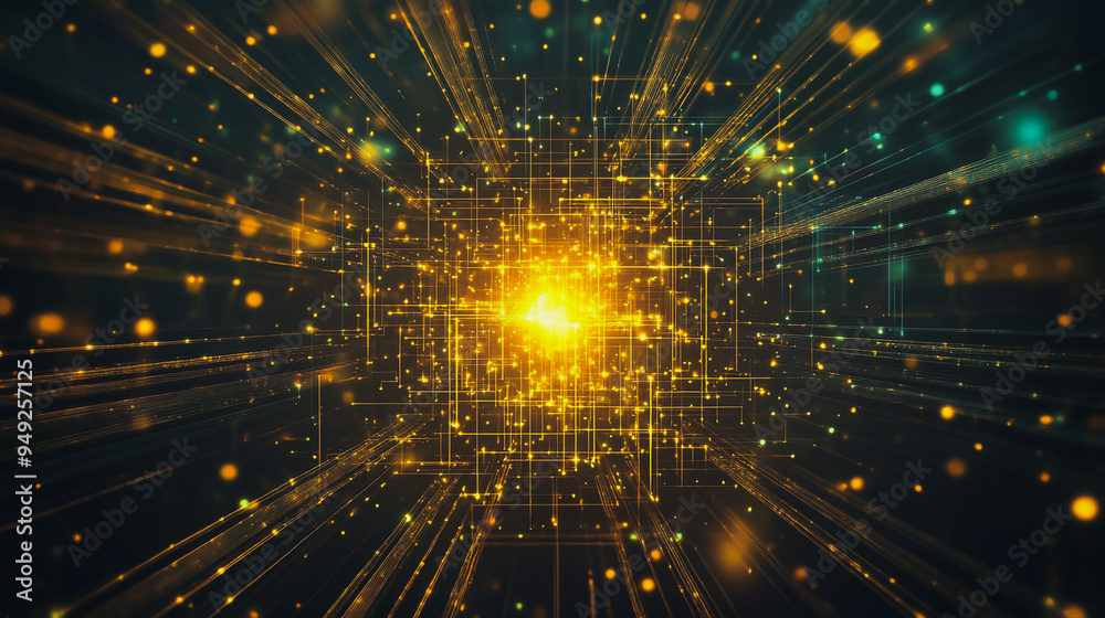 Naklejka premium Abstract light explosion and network points, dot, earth's surface, digital background Innovation network points Earth's surface wave background digital wave information technology background 
