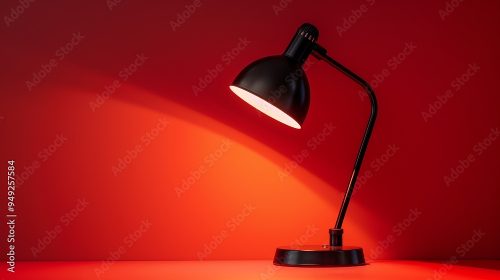 A black desk lamp on a red surface. A black desk lamp on a red surface.