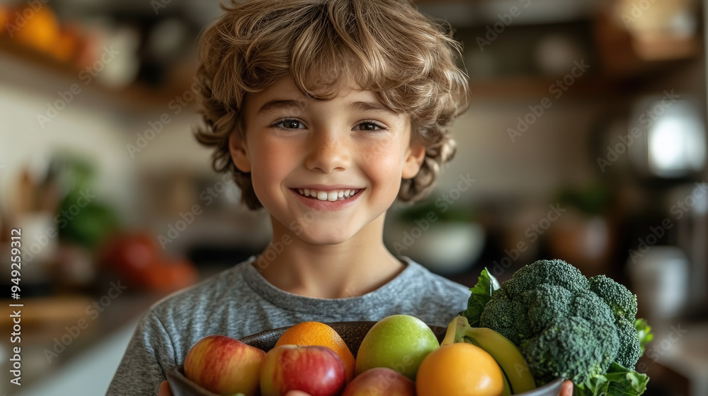 Fototapeta premium little cute smiling boy holding bowl with fruits and vegetables in kitchen, child, kid, kids, healthy eating, bananas, apples, broccoli, food, vegetarianism, portrait, person, face, dish
