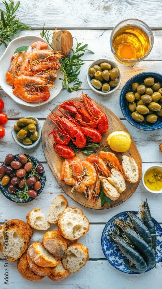 Delicious seafood, fresh olives, and crusty bread are artfully arranged for a Mediterranean summer feast enjoyed on a rustic table Delicious seafood, fresh olives, and crusty bread are artfully arranged for a Mediterranean summer feast enjoyed on a rustic table