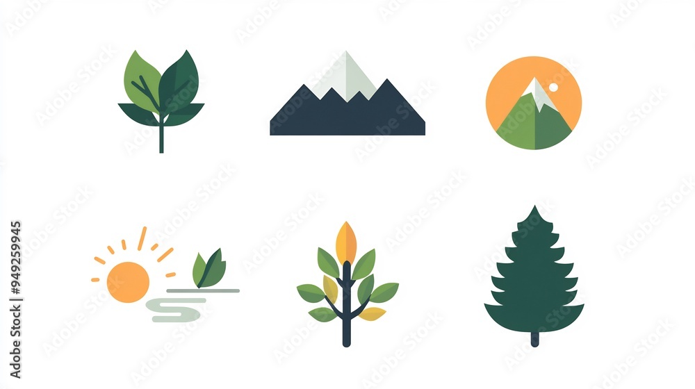 Minimalist Nature Icons Icons representing natural elements tree leaf mountain river sun Designed with minimal detail to focus on the essence of each natural element Minimalist Nature Icons Icons representing natural elements tree leaf mountain river sun Designed with minimal detail to focus on the essence of each natural element