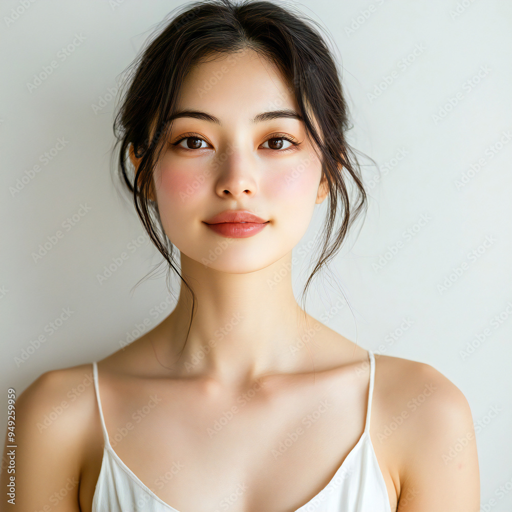 白いキャミソールを着た日本人女性、化粧品のイメージモデル 白いキャミソールを着た日本人女性、化粧品のイメージモデル