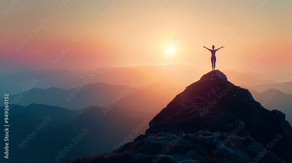 A person stands with their arms outstretched on the top of a mountain at sunset. A person stands with their arms outstretched on the top of a mountain at sunset.