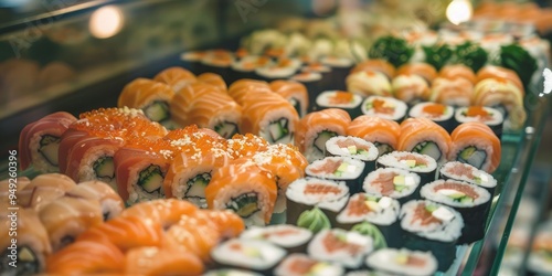 Variety of sushi rolls exhibited