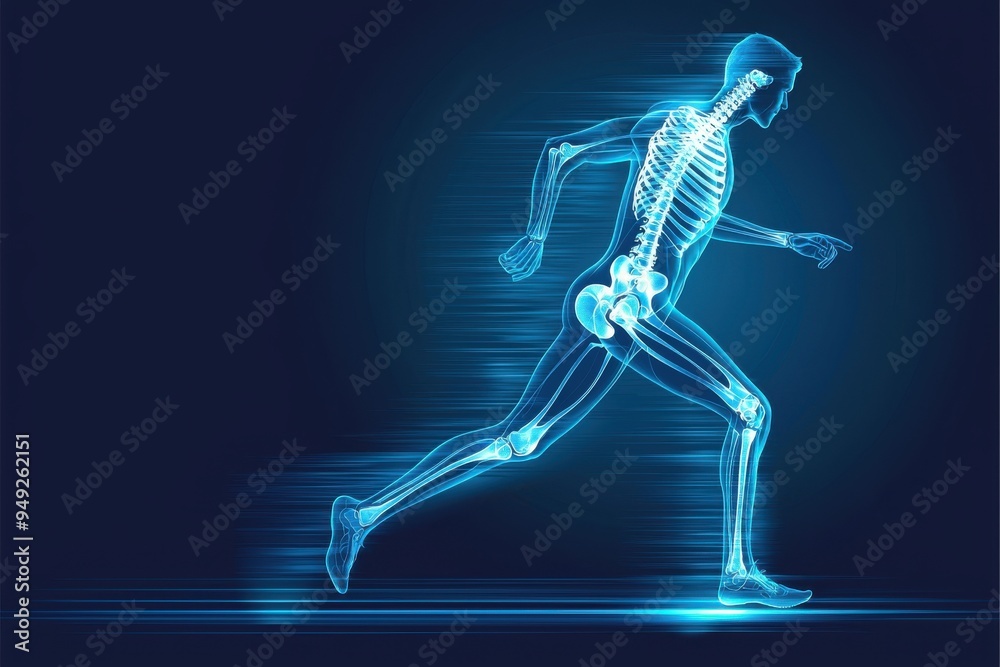 Fototapeta premium A dynamic illustration of a running human skeleton in motion, showcasing the anatomy and biomechanics of speed and agility.