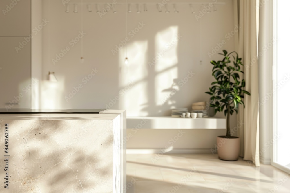 Fototapeta premium A cozy kitchen scene with a white interior and a green plant in the corner, ideal for use in lifestyle or food photography