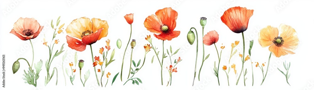 A vibrant display of watercolor poppies in soft hues, perfect for adding a touch of elegance to any floral-themed project. A vibrant display of watercolor poppies in soft hues, perfect for adding a touch of elegance to any floral-themed project.