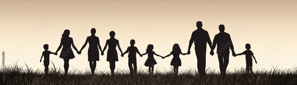 A silhouette of a happy family holding hands in a field during sunset, symbolizing unity, love, and togetherness. A silhouette of a happy family holding hands in a field during sunset, symbolizing unity, love, and togetherness.