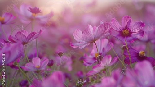 Cosmos Flowers Field in the Sunset