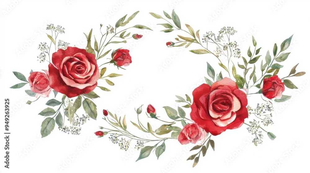 Naklejka premium Beautiful watercolor roses with delicate foliage, perfect for invitations, stationery, and floral designs.