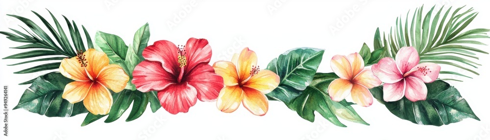 Obraz premium Colorful floral arrangement featuring hibiscus and tropical leaves, perfect for summer themes and nature-inspired designs.