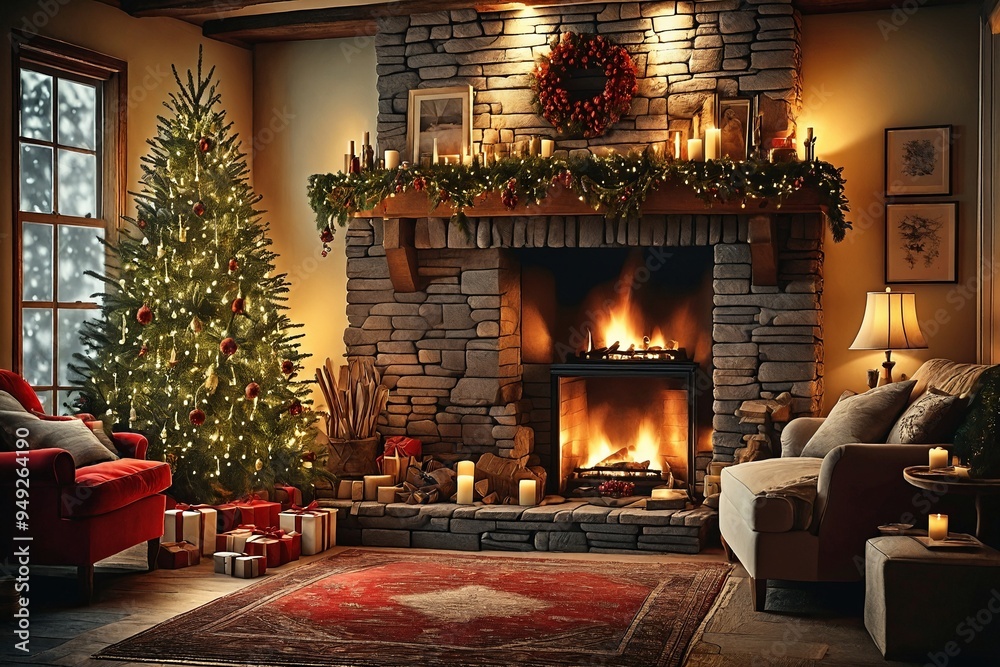 Cozy Christmas Living Room with Fireplace and Tree
