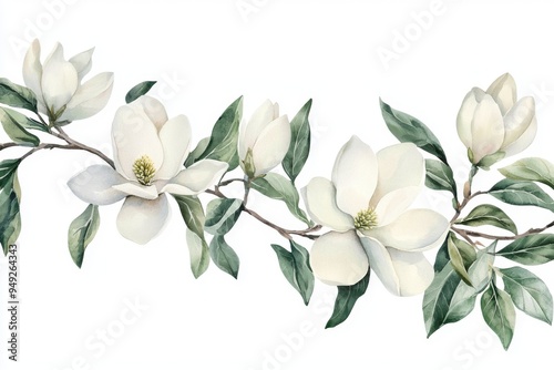 Elegant watercolor illustration of white magnolia flowers with lush green leaves, perfect for floral design projects.