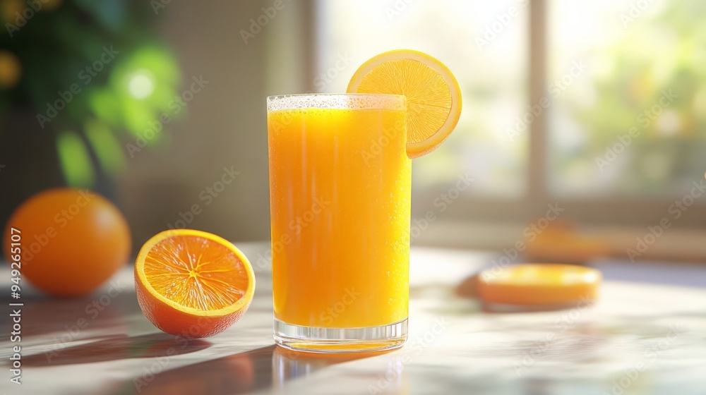 Naklejka premium A refreshing glass of orange juice garnished with a slice of orange, set against a sunny background, symbolizing fresh and healthy breakfast choice.
