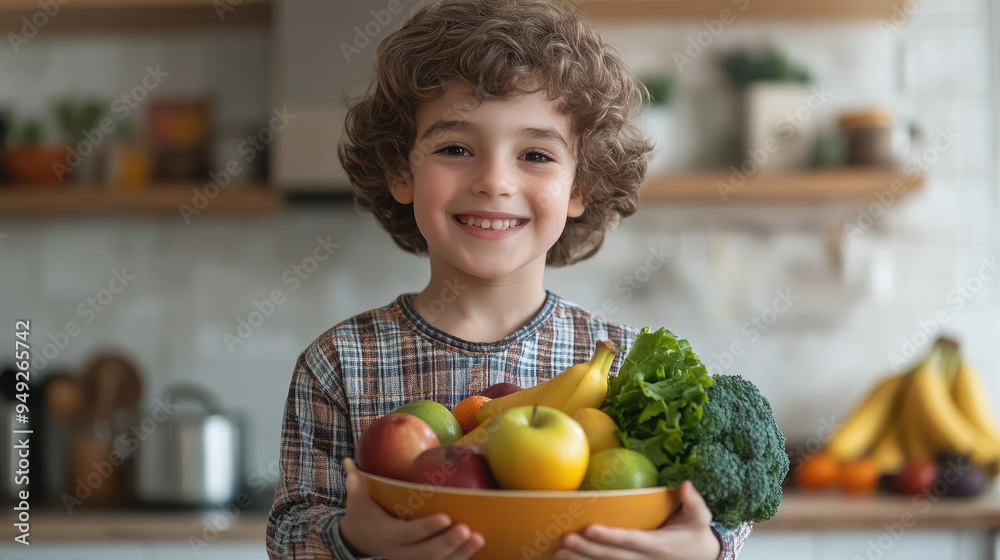 Fototapeta premium little cute smiling boy holding bowl with fruits and vegetables in kitchen, child, kid, kids, healthy eating, bananas, apples, broccoli, food, vegetarianism, portrait, person, face, dish