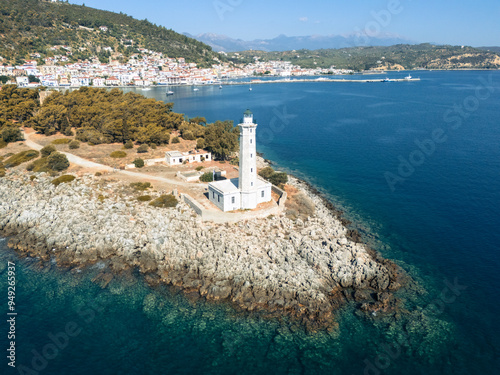 greece peloponnese region gytheio town lighthouse coastal houses chapel and boats aerial view photo