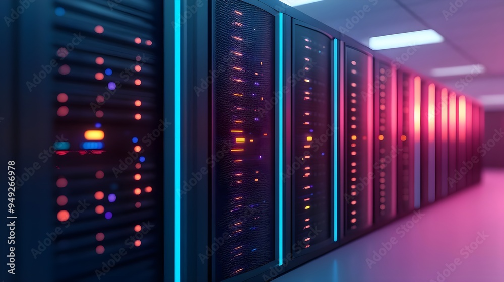 Data Center Servers with Blue and Red Neon Lights Data Center Servers with Blue and Red Neon Lights