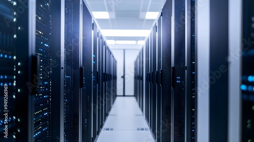 Empty corridor with network server rack inside, cables connected to servers