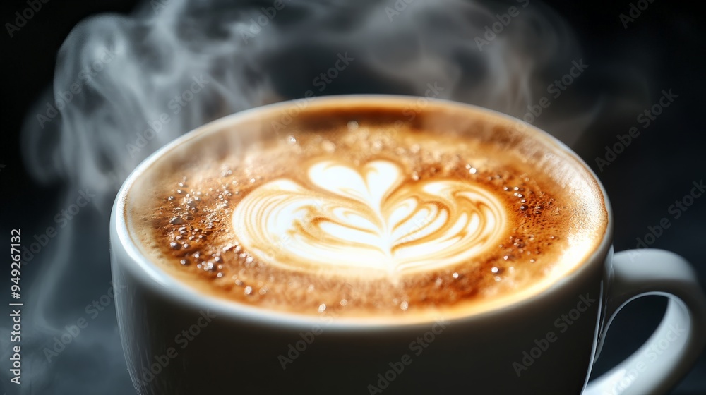 A steaming cup of coffee with beautifully crafted latte art in a ceramic mug, perfect for a cozy morning or coffee shop ambiance. A steaming cup of coffee with beautifully crafted latte art in a ceramic mug, perfect for a cozy morning or coffee shop ambiance.