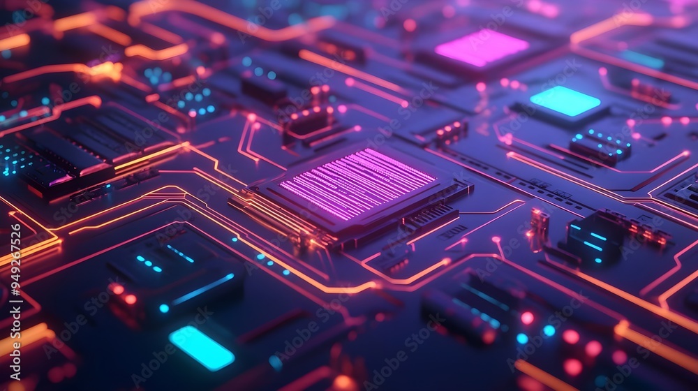 Futuristic Circuit Board with Neon Lights Futuristic Circuit Board with Neon Lights