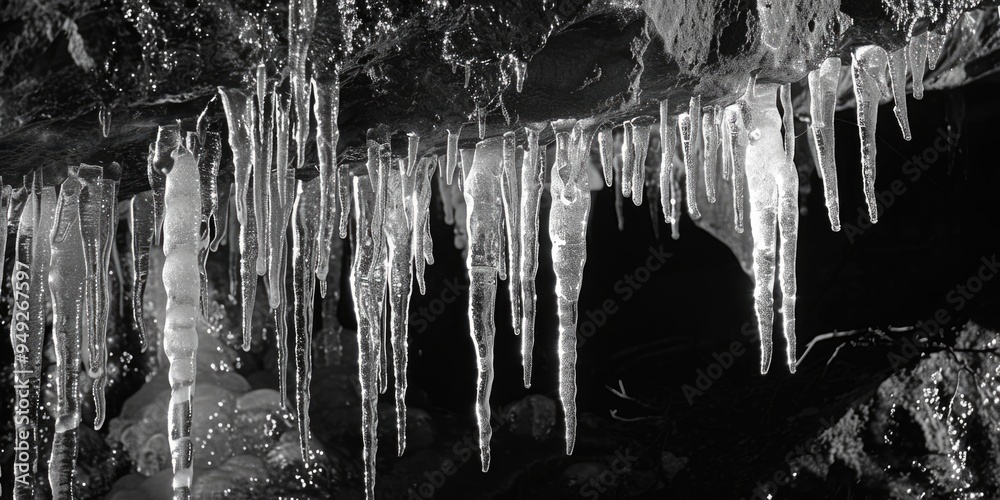 Black and white photo of icicles hanging from a tree branch, frozen in time