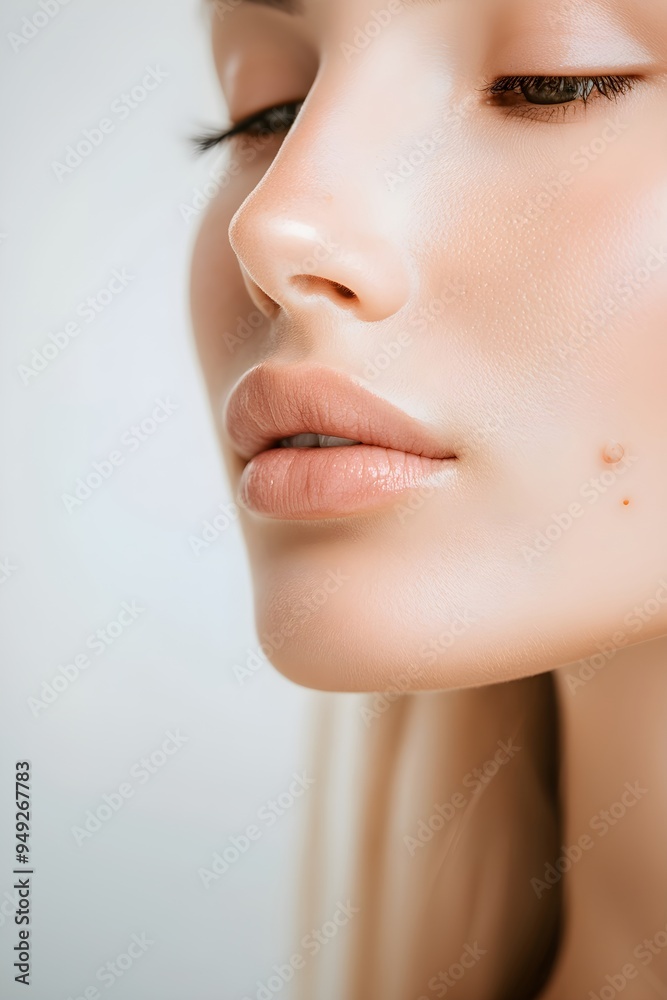 Closeup of woman face with red pimples on skin. Acne therapy, inflammation on face and problem skin. Facial treatment, skincare routine and hygiene. Rosacea and couperose. Cosmetic and beauty concept