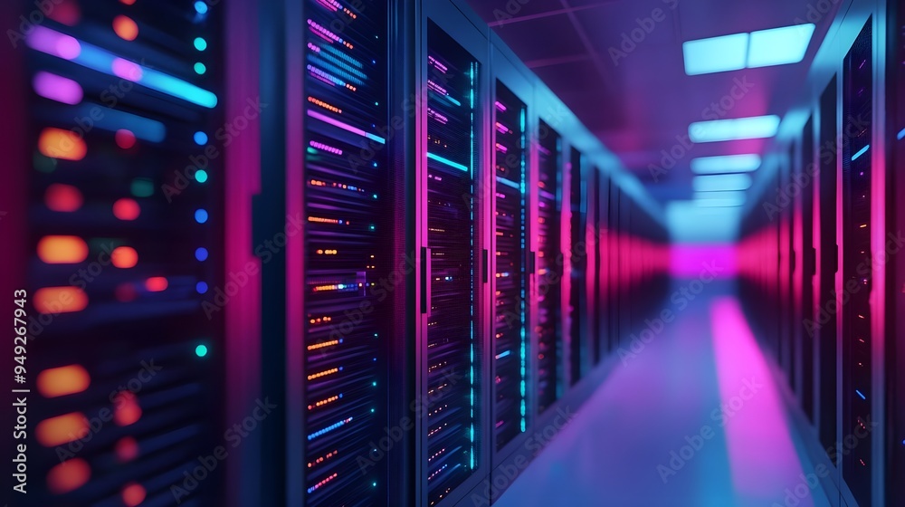 Server Room with Neon Lights, Data Center Technology Server Room with Neon Lights, Data Center Technology