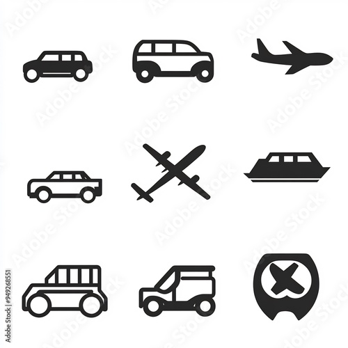 Minimalist Transportation Icons series of icons different modes of transportation car bicycle airplane train boat All icons designed with a consistent style focusing on clean lines and minimal curves