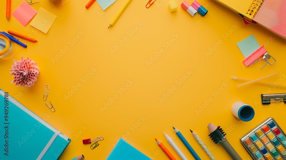 School supplies arranged in a flat lay view with eraser sharpener and sticky notes positioned in the bottom right corner and a large empty space on the left for creative text or image overlay
