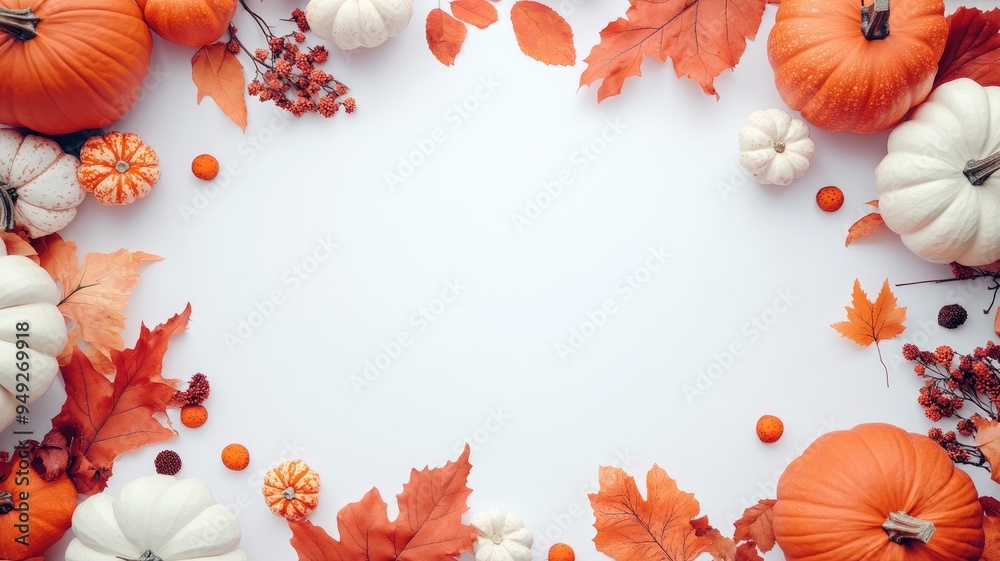 Obraz premium Autumn frame with pumpkins, leaves, and berries on white background