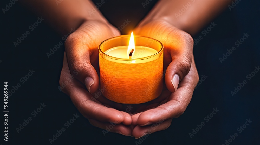 Woman’s hands holding a candle, part of a traditional procession, nighttime setting, soft glow Woman’s hands holding a candle, part of a traditional procession, nighttime setting, soft glow