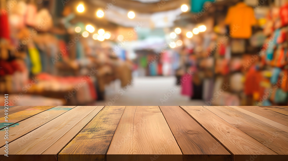 Empty wooden table, to place product or advertising, in the background of a Latin American market Empty wooden table, to place product or advertising, in the background of a Latin American market