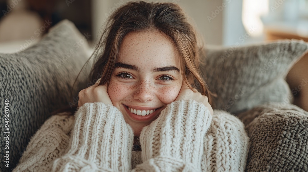 Smiling young woman with freckles wearing cozy sweater, resting on soft pillows Smiling young woman with freckles wearing cozy sweater, resting on soft pillows