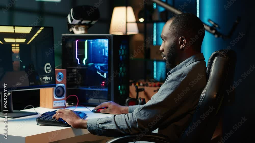 Portrait of smiling man playing FPS videogame on PC screen in neon illuminated apartment living room. Cheerful gamer enjoying shooter game on computer desktop display in RGB lit home, camera A Portrait of smiling man playing FPS videogame on PC screen in neon illuminated apartment living room. Cheerful gamer enjoying shooter game on computer desktop display in RGB lit home, camera A