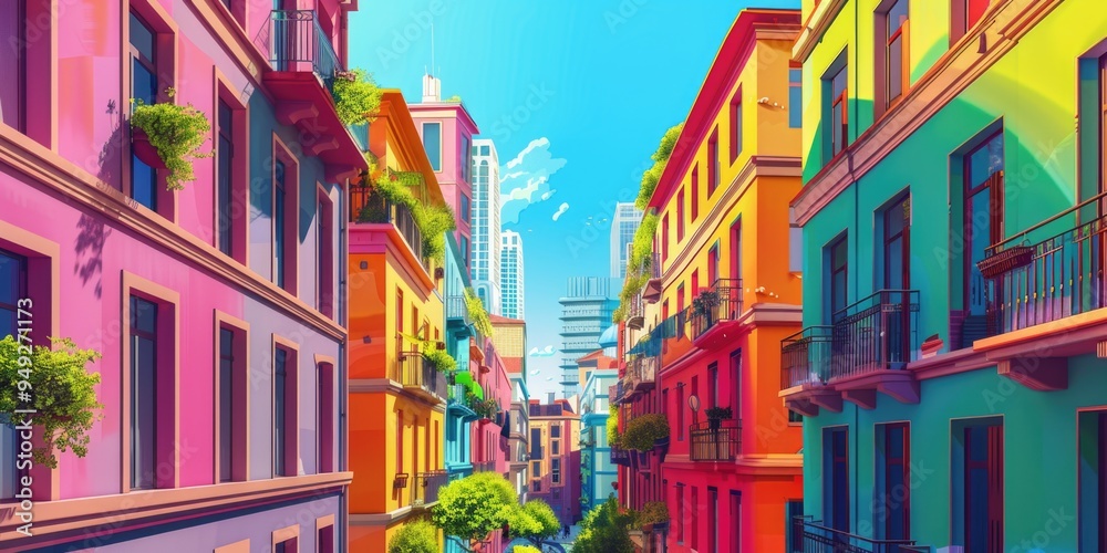 A vibrant street scene with colorful buildings A vibrant street scene with colorful buildings