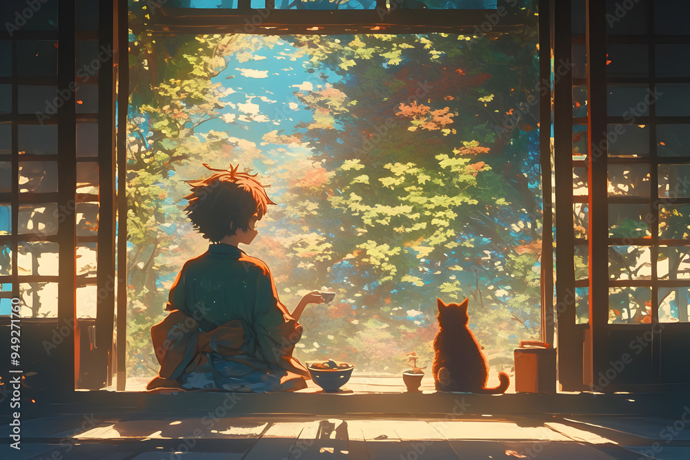 LoFi Girl having a peaceful afternoon tea time in a traditional Japanese tatami room with sliding doors. Anime style, Cozy vibes LoFi Girl having a peaceful afternoon tea time in a traditional Japanese tatami room with sliding doors. Anime style, Cozy vibes