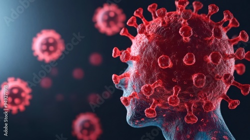 3D illustration of a virus impacting human health, showcasing the microscopic details and effects of a pandemic on the body. photo