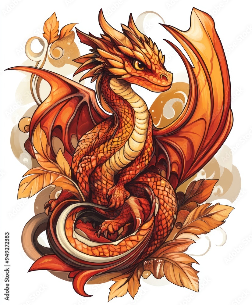 Fototapeta premium A vibrant orange dragon perched among autumn leaves, showcasing fantasy art style.