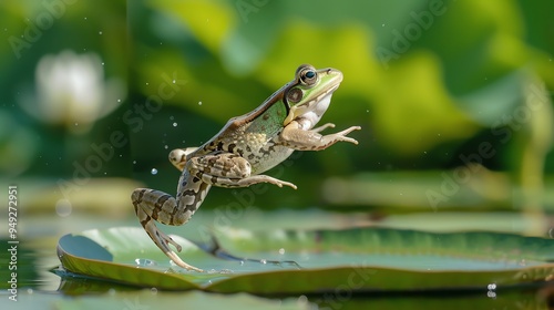 A green frog leaps from a lily pad in a pond. photo