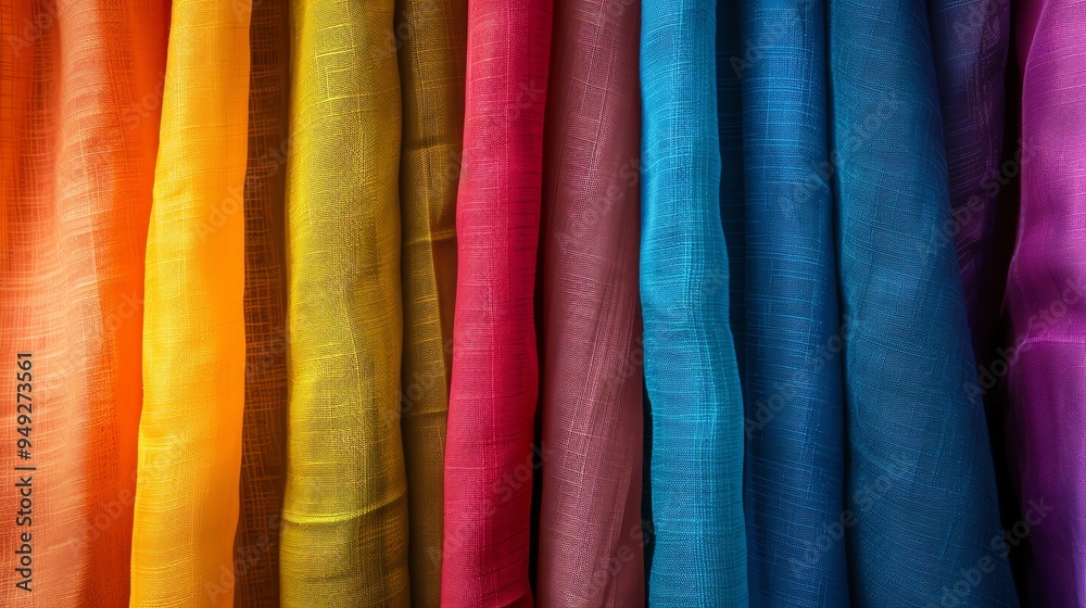 Close-up of different colored fabrics hanging in a row. Close-up of different colored fabrics hanging in a row.