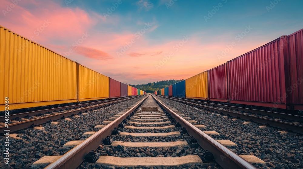 A stunning view of railway tracks lined with colorful shipping containers under a vibrant sunset sky. A stunning view of railway tracks lined with colorful shipping containers under a vibrant sunset sky.
