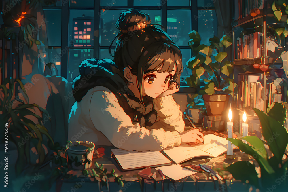 LoFi Girl writing in her journal by candlelight in a room filled with plants and books. Anime style, Cozy vibes LoFi Girl writing in her journal by candlelight in a room filled with plants and books. Anime style, Cozy vibes
