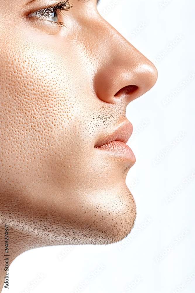 Closeup of man face with perfect clear skin. Acne therapy, inflammation on face and problem skin. Facial treatment, skincare routine and hygiene. Rosacea and couperose. Cosmetic and beauty concept Closeup of man face with perfect clear skin. Acne therapy, inflammation on face and problem skin. Facial treatment, skincare routine and hygiene. Rosacea and couperose. Cosmetic and beauty concept
