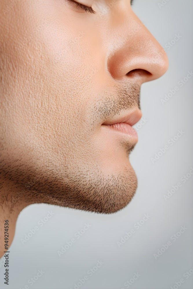 Closeup of man face with perfect clear skin. Acne therapy, inflammation on face and problem skin. Facial treatment, skincare routine and hygiene. Rosacea and couperose. Cosmetic and beauty concept Closeup of man face with perfect clear skin. Acne therapy, inflammation on face and problem skin. Facial treatment, skincare routine and hygiene. Rosacea and couperose. Cosmetic and beauty concept